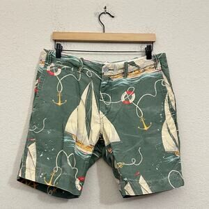 Vintage POLO RALPH LAUREN Shorts Green Sailboat Nautical Linen Blend AOP